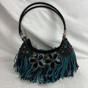 Mido Handbag Beaded Flower And Yarn Turquoise And Black Purse